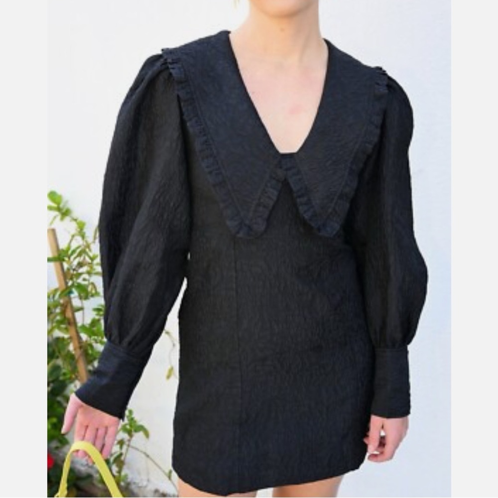 Ganni Ruffled Collar Black Long Sleeve Mini Dress
